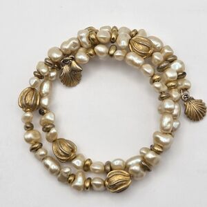 Vintage Liz Claiborne Gold-Tone Shells And Faux Freshwater Pearls Coil Bracelet